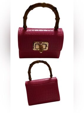 SHEIN Pink Croc-Embossed Mini Top-Handle Bag with Bamboo Handle